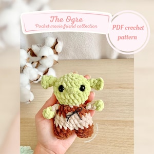 Pocket movie friend Ogre crochet pattern, movie character pattern, green ogre crochet pattern, ogre doll, low sew, digital pdf in english.