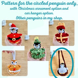 Penguin pattern part of a pack of 5 Christmas penguins. Can be turned into car hangers or Christmas ornaments. Designed by mademoiselle_j_crochet