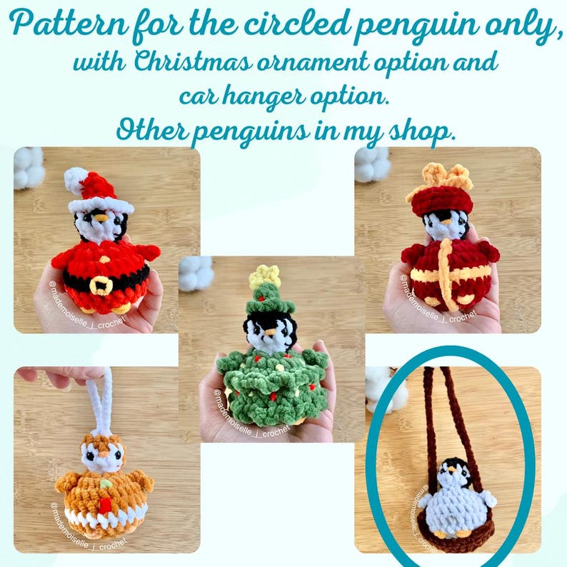 Penguin pattern part of a pack of 5 Christmas penguins. Can be turned into car hangers or Christmas ornaments. Designed by mademoiselle_j_crochet