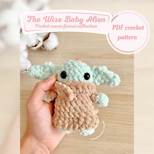 Pocket movie friend wise baby alien crochet pattern, movie character pattern, wise alien crochet pattern, low sew, digital pdf in english.