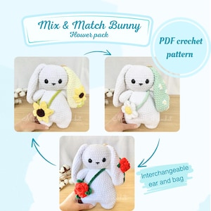 Könnte beinhalten: Ein weißer Häschen-Häkelhase mit austauschbaren Ohren und Tasche, mit Sonnenblume, Gänseblümchen und Rose. Der Text "Mix & Match Bunny" und "PDF crochet pattern" ist enthalten.