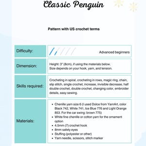 List of skills and material required for this penguin pattern.