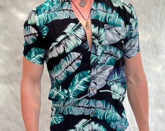 Bali Blätter - Handgemachtes Boho Shirt für Männer | Blau Schwarz | Geschenk für Ihn | Kurzarm Tribal ethnischer Druck | Kunstseide | Sommer Shirt