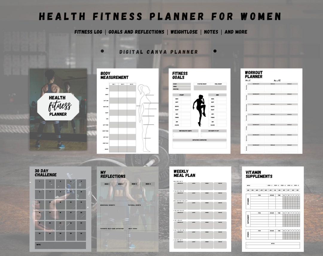 Black Canva Digital Fitness Planner for Woman| Digital Workout Tracker ...