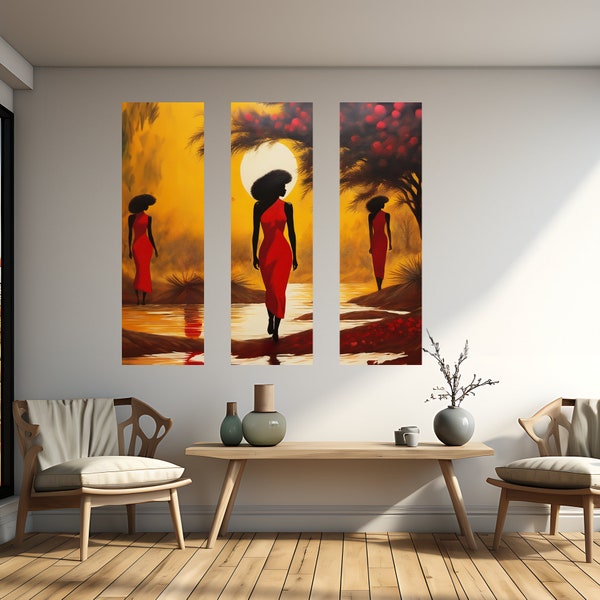 PEINTURE AFRICAINE | Affiche FÉMININE | Spectaculaire coucher de soleil africain Wall Art | Ensemble de 3 imprimés triptyques | Améliorez votre espace de vie