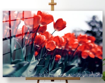 Red Tulips Wall Art, Tempered Glass, Naturel Floral, Red Flower Art, Unique Home Decor, Large Wall Art, Botanical Art, Landscape Wall Art