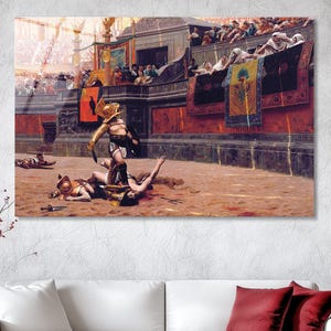 Gladiator Wall Art, Living Room Wall Decor, Glass Wall Hangings, Roman Empire Arena Fight, Art by Jean Leon Gerome, Ancient Rome Painting