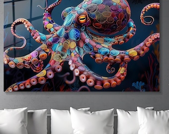 Octopus Glass Wall Art, Colorful Sea Life Painting