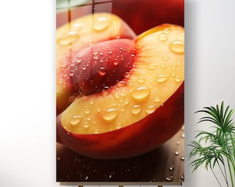 Tempered Glass Peach Wall Art, Large Wall Decor Living Room, Wall Hanging, Kitchen Wall Art, Delicious Fruit Decor, Cafe Decor