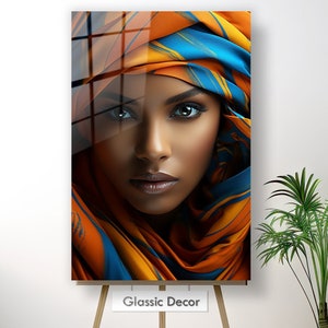 African Woman Wall Art, Glass Wall Decor, Black Woman Portrait, Colorful Large Wall Decor, Ethnic Painting Decor, Living Room Wall Art