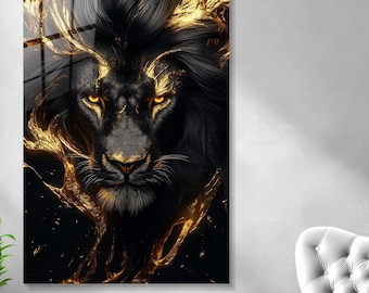 Tempered Glass Lion Wall Art Decor, Black Gold Wall Decor, Sophisticated Art Print, Male Lion Picture, Dark Mode Theme, Living Room Decor