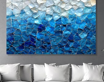 Abstract Blue Stones Wall Art, Tempered Glass Print, Large Horizontal Modern Art, Living Room Decor, Contemporary Wall Decor
