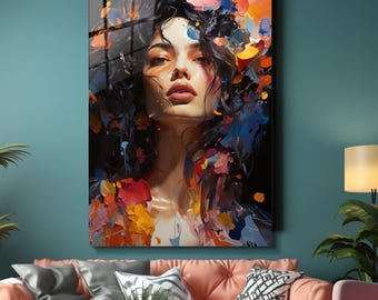 Tempered Glass Floral Woman Wall Art, Colorful Oil Painting Style