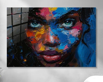 Black Woman Wall Art, Tempered Glass Wall Art, Impasto Technique Painting Print, Afro-American Wall Art, Large Wall Art, Contemporary Decor