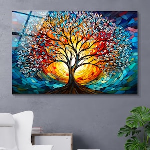Tree of Life Tempered Glass Wall Art, Stained Glass Look, Modern Living Room