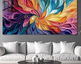 Large Vivid Colorful Glass Wall Art, Modern Living Room Wall Decor, Vibrant Color Artwork, Tempered Glass Printing, Long Panoramic, Rainbow