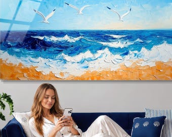 Seagulls Beach Tempered Glass Wall Art, Coastal Panoramic Decor