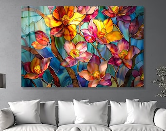 Stained Glass Wall Art, Colorful Flowers, Stained Glass Panels, Tempered Glass Print, Large Horizontal Wall Art, Blossoming Floral Art