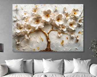 Gold Tree Wall Art, Modern Home Wall Decor, Tree of Life Print, Elegant Floral Glass Panel, Tempered Glass Print, Horizontal Wall Art