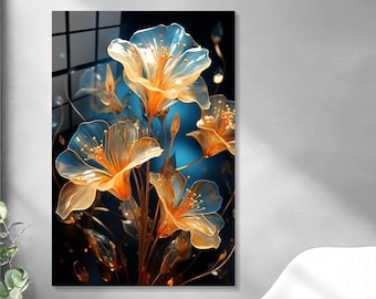 Orange Flowers Wall Art, Floral Wall Decor, Elegant Glass Lily Flowers, Tempered Glass, Stylish Decor, Mother&#39;s Day Gifts, Exclusive Decor