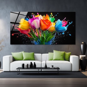 Décoration murale panoramique fleurs colorées en verre trempé