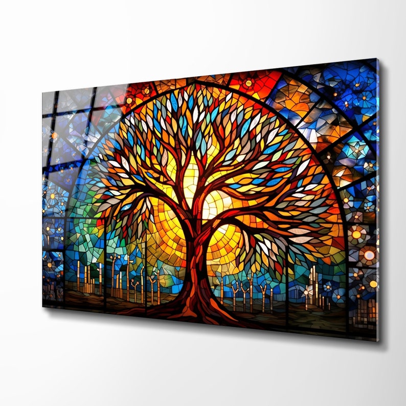 Stained Glass Wall Art, Life of Tree Print, Stained Glass Panel