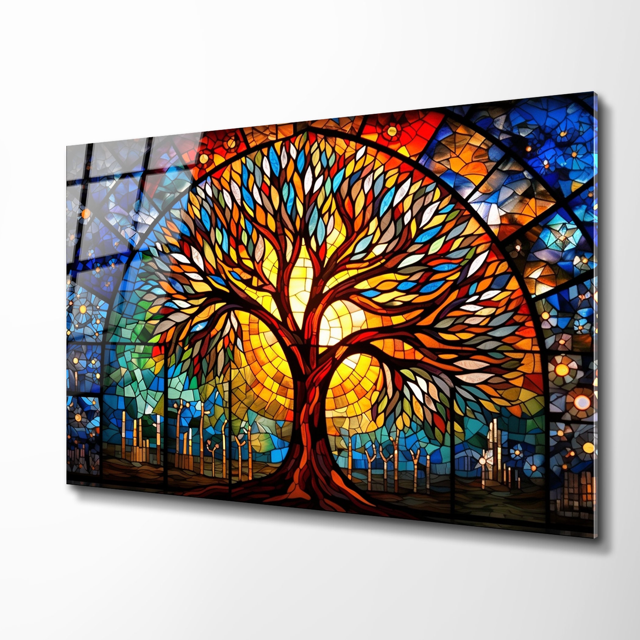 Stained Glass Wall Art, Life of Tree Print, Stained Glass Panel