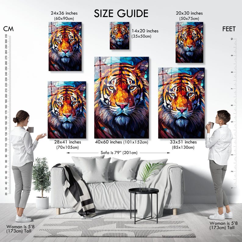 Tiger Stained Glass Print, Tempered Glass Wall Art, Living Room Decor Vertical