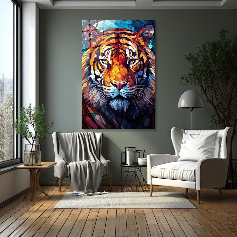 Tiger Stained Glass Print, Tempered Glass Wall Art, Living Room Decor image 1