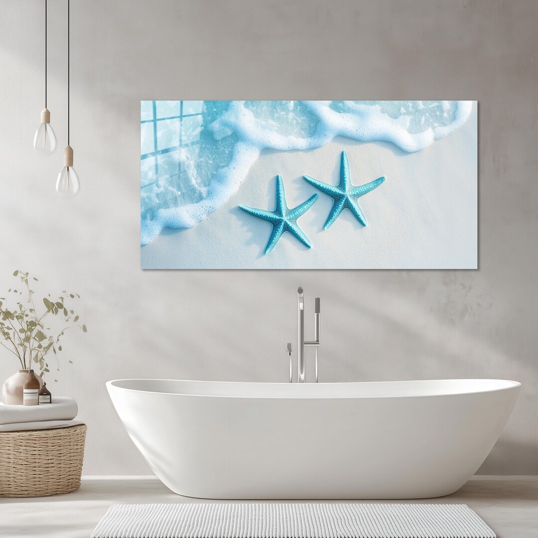 Blue Glass Wall Art, Bathroom Wall Decor, Starfish Print, Nautical