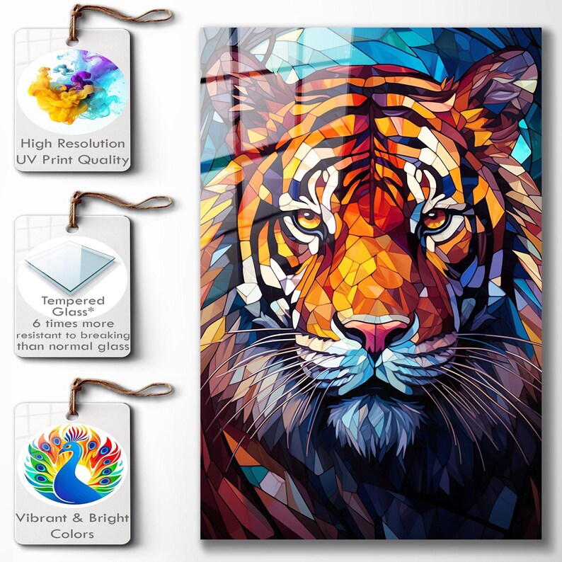 Tiger Stained Glass Print, Tempered Glass Wall Art, Living Room Decor image 6