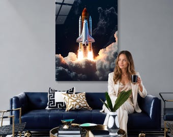 Tempered Glass Space Rocket Launch Wall Art, Trendy NASA Decor