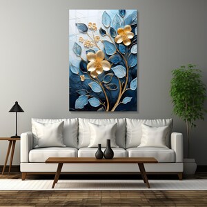 Golden Flower Wall Art, Floral Wall Decor, Abstract Flower, Tempered Glass Print, Stylish Decor, Gold Turquoise, Gift Idea for Wall Hanging