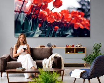 Red Tulips Tempered Glass Wall Art, Floral Botanical Print