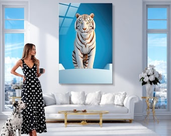 Tempered Glass Tiger Wall Art, Colorful Animal Portrait