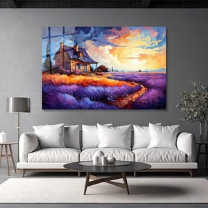 Farmhouse Decor, Tempered Glass Wall Art, Colorful Landscape Mural, Oil Painting Print, Large Horizontal Wall Art, Rural Landscape