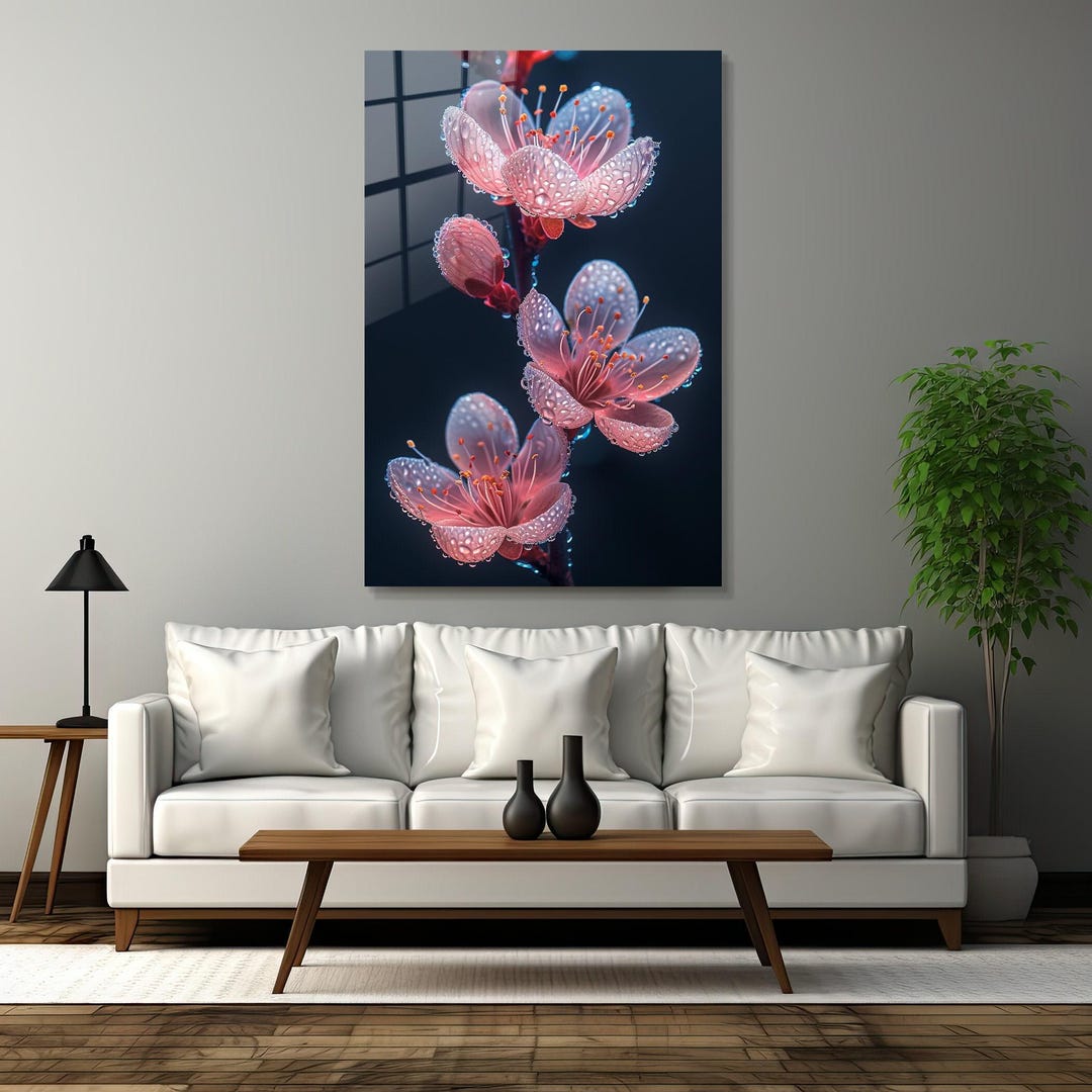 Floral Tempered Glass Wall Art, Vivid Pink Flowers, Modern Home Decor ...