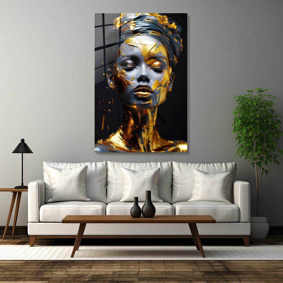 Black Gold Glass Wall Art, Black Woman Wall Decor, African Woman Print