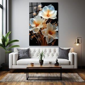 Tempered Glass Wall Art, Flower Wall Art, Dark Floral Wall Art, Modern Art Decor, Large Vertical Wall Decor, Living Room Wall Art