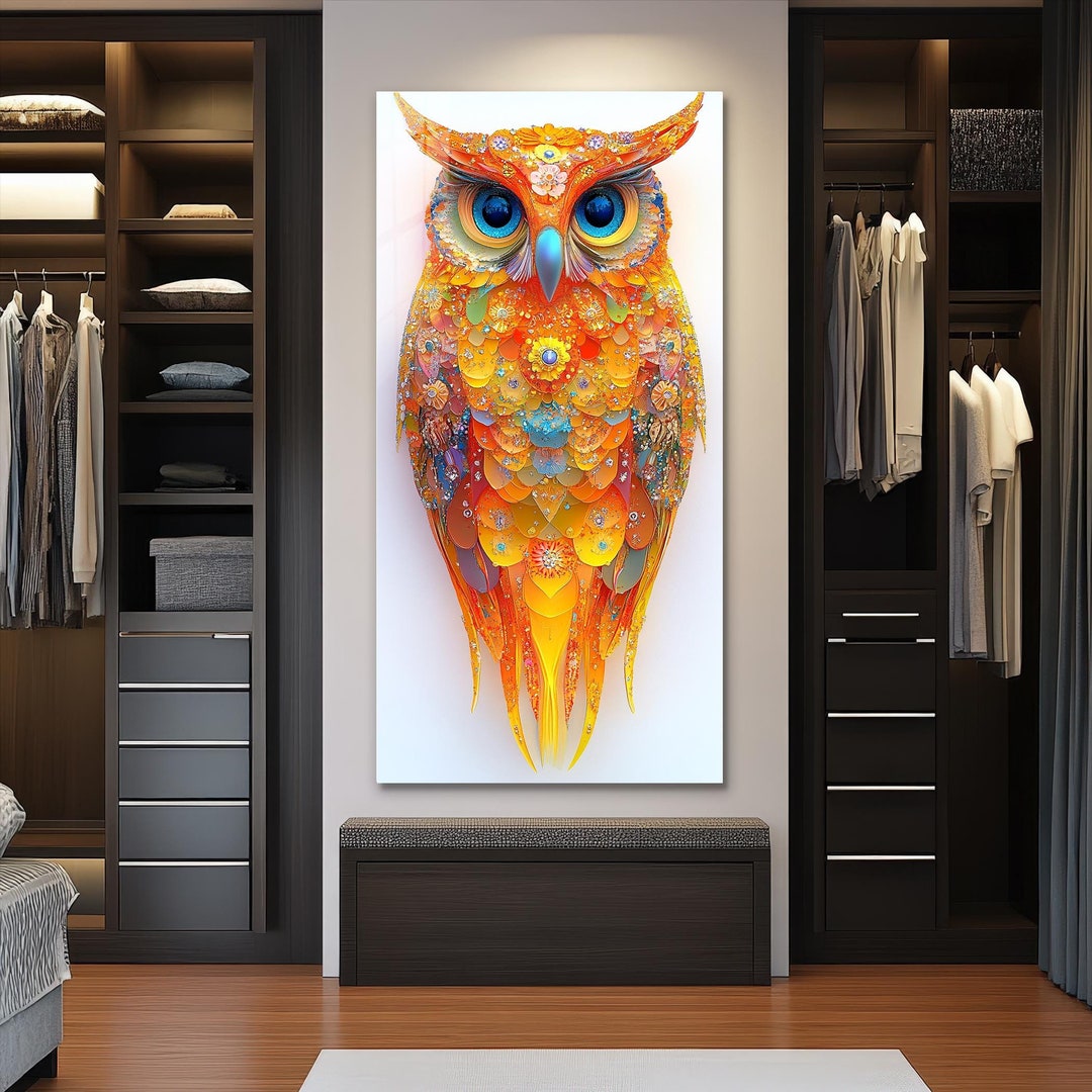 Colorful Owl Wall Art, Long Narrow Vertical Wall Decor, Living Room
