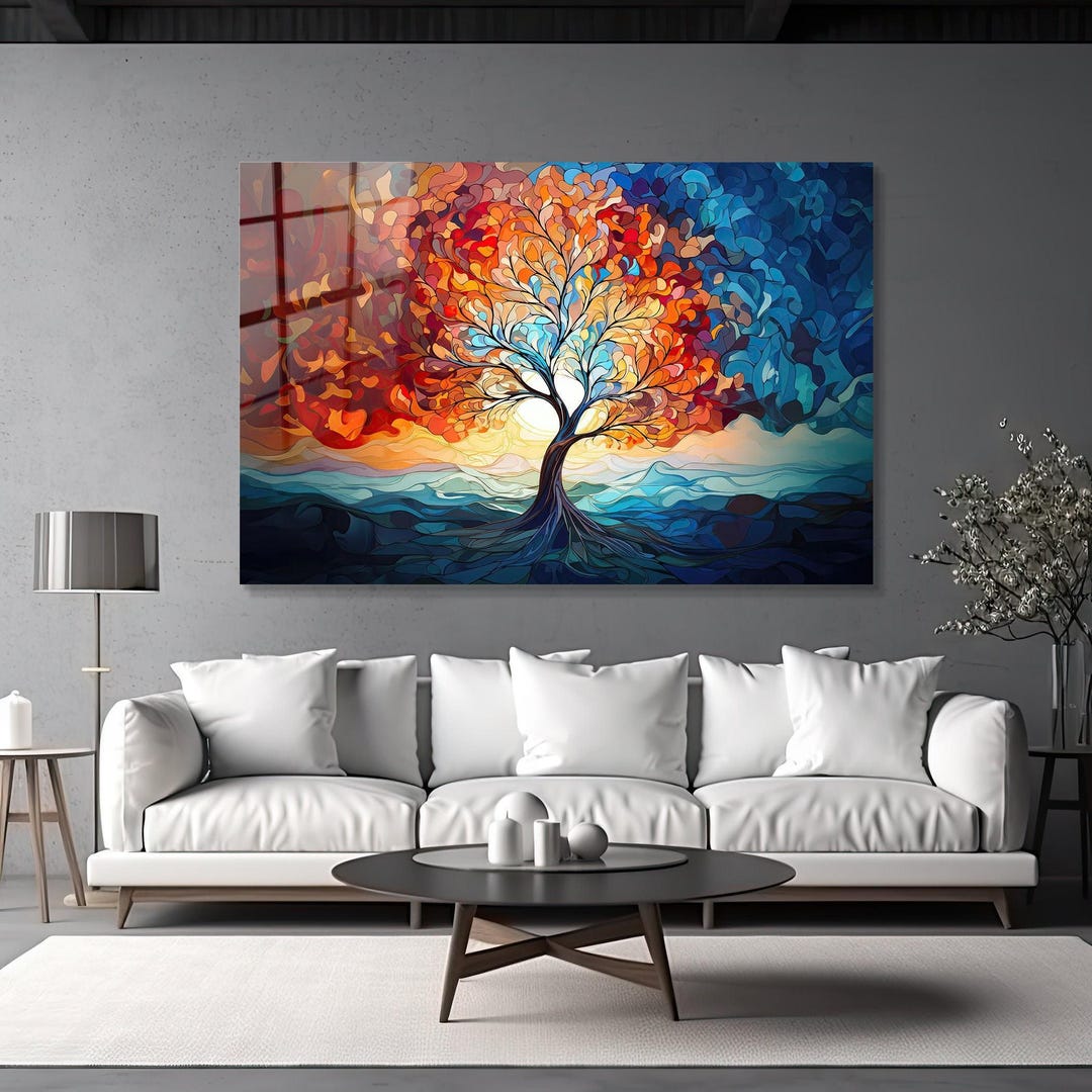 Tempered Glass Wall Art, Life Tree Wall Decor, Colorful Tree Art Print ...