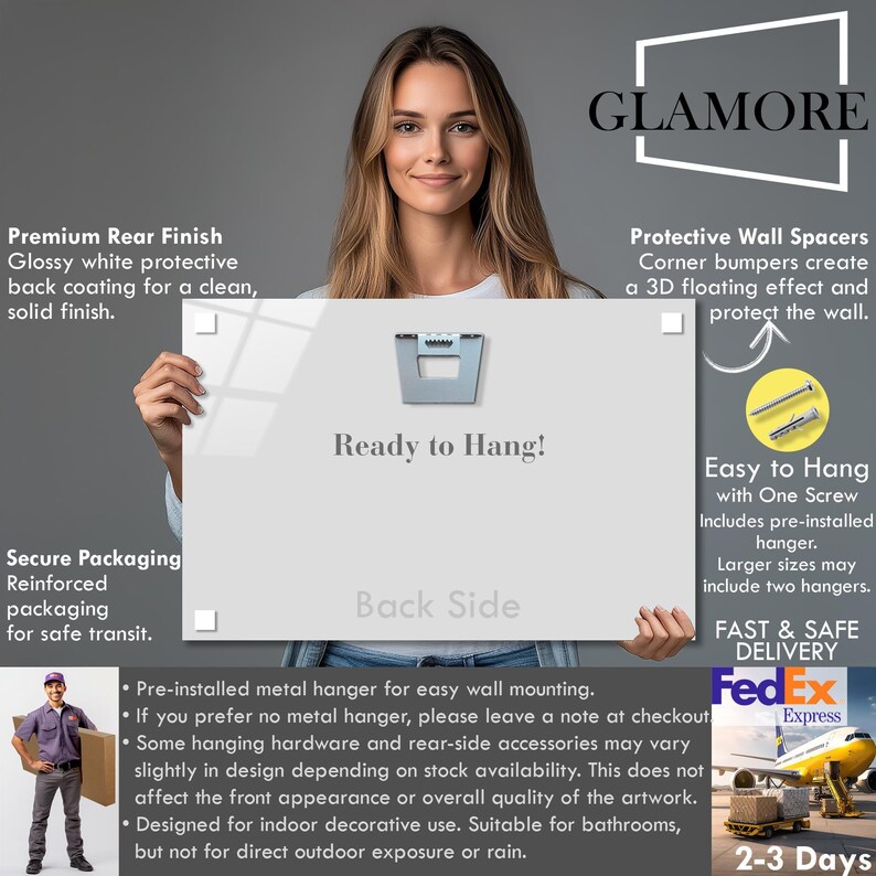 The image is a promotional advertisement featuring a woman holding a sign that says "Ready to Hang!" The sign is for a product called "Glamore" that is described as a premium rear finish, protective wall spacer, and easy to hang with one screw. The ad also highlights the product's features such as secure packaging, a back side, and a pre-installed metal hanger for wall mounting.