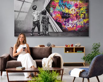 Banksy Graffiti Wall Art: Tempered Glass Print, Behind the Curtain, Vivid Colorful Wall Decor.