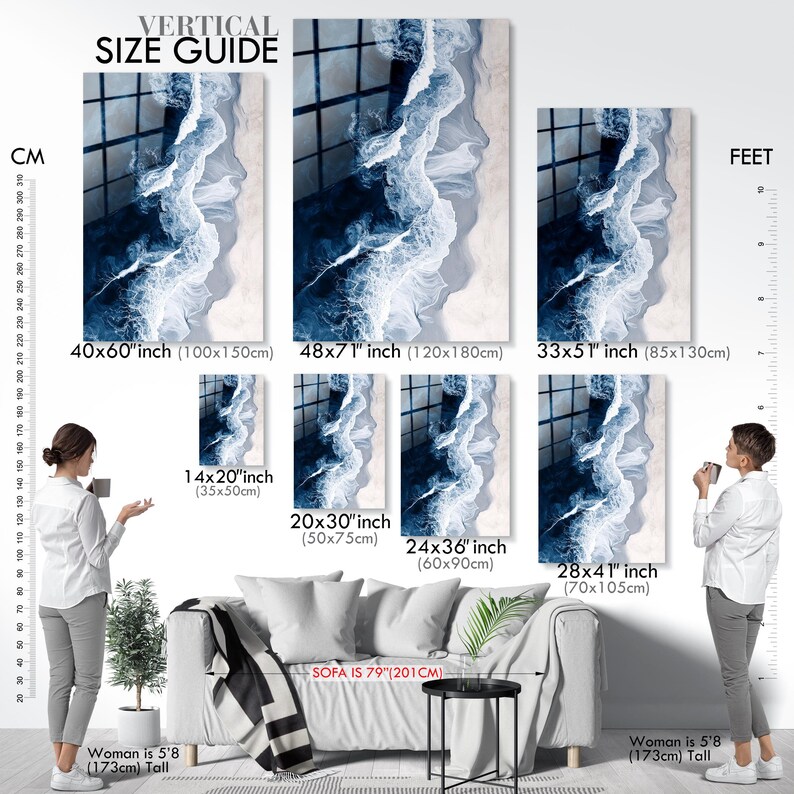 Navy Blue Ocean Wall Art, Narrow Vertical Wall Decor, Tempered Glass