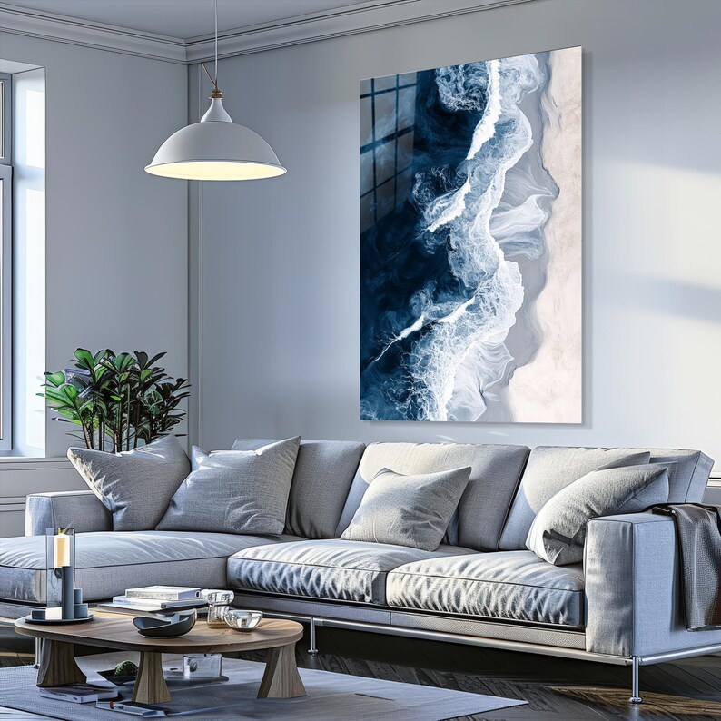 Navy Blue Ocean Wall Art, Narrow Vertical Wall Decor, Tempered Glass