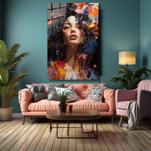 Tempered Glass Floral Woman Wall Art, Woman Portrait Painting, Colorful Woman Wall Art, Beautiful Woman Portrait, Oil Painting Looking Art