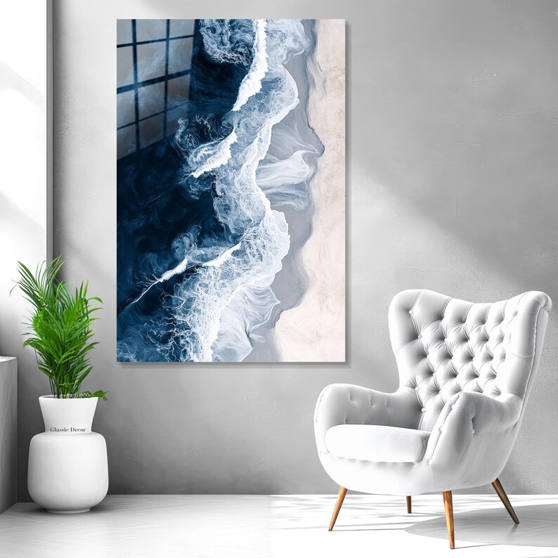 Navy Blue Ocean Wall Art, Narrow Vertical Wall Decor, Tempered Glass