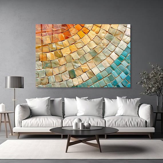 Stampa di pietre colorate in mosaico di vetro temperato, grande decorazione  da parete in vetro colorato, arredamento contemporaneo per soggiorno,