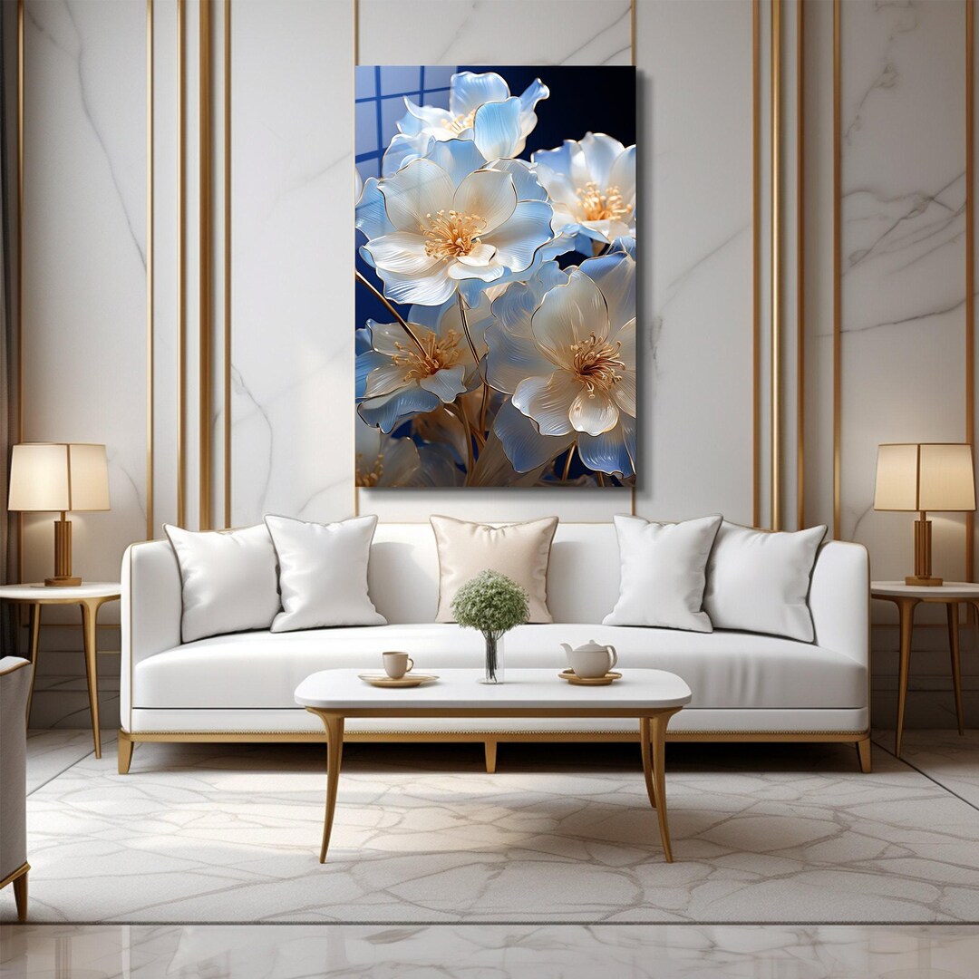 Tempered Glass Floral Wall Art, White Flower Print, Modern Home Decor ...