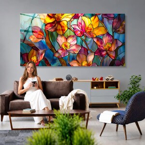 Floral Stained Glass Print, Colorful Tempered Glass Wall Art
